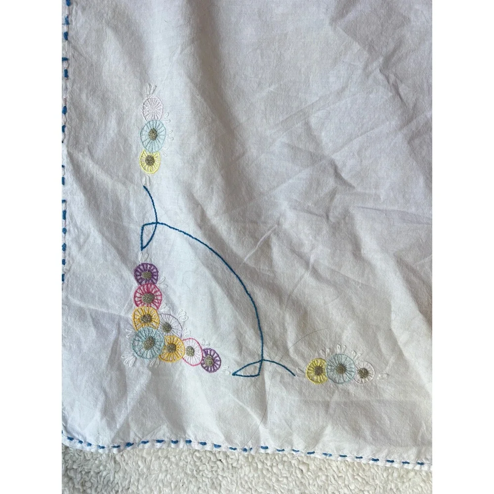Vintage Hand Embroidered White Square Tea Tablecloth Floral Teapot 32x32